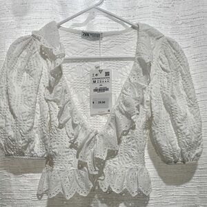 Zara White eyelet ruffle cardigan